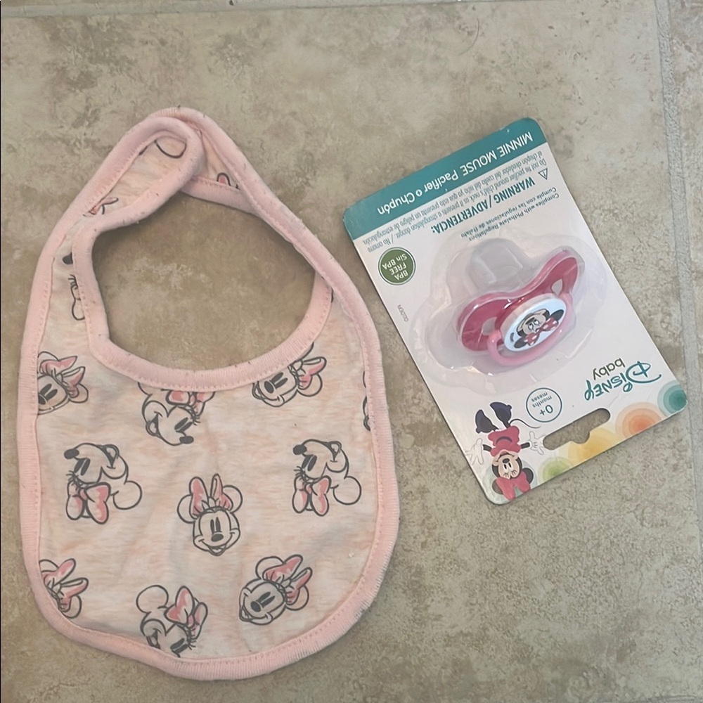 Disney Minnie Mouse Pacifier & Minnie Mouse Soft Pink Bib